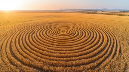 Naklejka premium Geometric Crop Circle Patterns in Golden Wheat Field, Aerial View Widescreen Composition