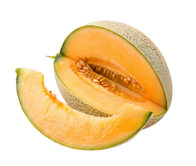 Fresh ripe cantaloupe sliced and ready to eat with juicy orange flesh and seeds visible inside.