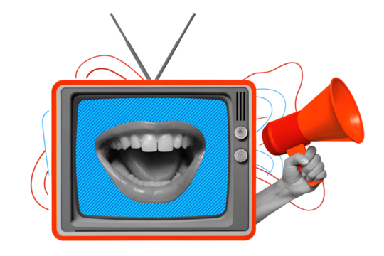 mouth screaming into a red megaphone from a retro TV screen. Intrusive advertising. Vintage electronics.Modern collage style. Illustration on transparent background