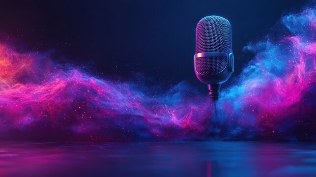 Studio microphone, colorful smoke, podcasting, music