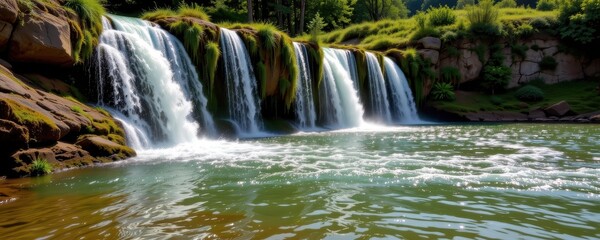 Obraz premium nutrient overload from livestock farms near waterfalls promotes algae growth, reducing water quality and harming aquatic life.