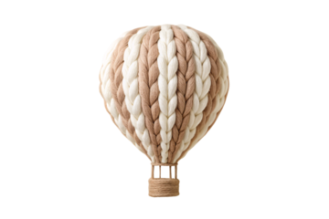 Two-toned knitted hot air balloon featuring cream and tan braided cable knit design, isolated on a transparent background