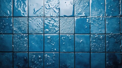 Top view of wet bathroom floor tiles with subtle reflections and water puddles, perfect for hygiene and cleaning concepts