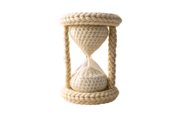 Natural fiber hourglass with thick rope binding and clear glass sand timer, isolated on a transparent background