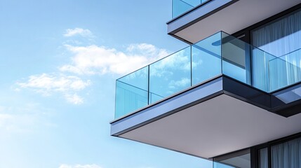Transparent glass balcony railing on a modern residential building, emphasizing safety with minimalistic design and clarity