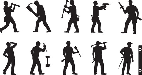 Silhouetted Construction Workers with Tools Vector Illustration Set for Building and Repair Projects