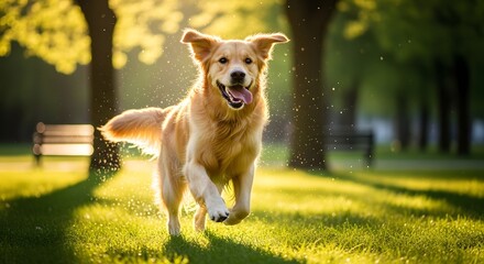 A golden retriever running through a grassy park with trees and a bench in the background on a sunny day
