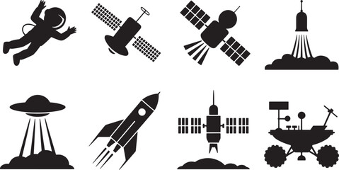 Space Exploration Icons Set Silhouette Astronaut Satellite Rocket Spaceship Ufo Rover Vector Illustration