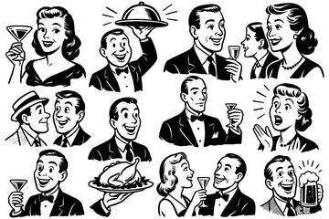 Retro cocktail party scenes with bartenders, drinks, and socializing in vintage style, Transparent Background