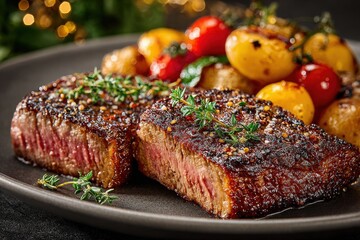 Two Sliced Grilled Steaks with Roasted Potatoes and Tomatoes