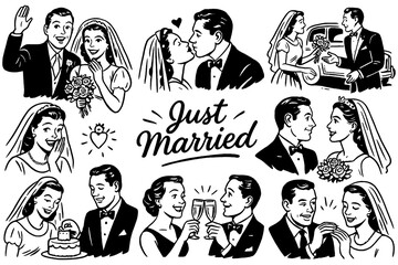Retro wedding couple scenes with bride, groom, ceremony, and celebration, Transparent Background