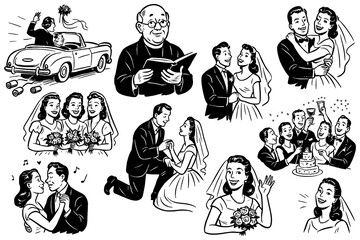 Retro wedding couple scenes with bride, groom, ceremony, and celebration, Transparent Background