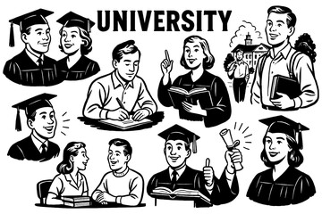 Retro university life with students, professors, graduation, sports, and campus scenes, Transparent Background
