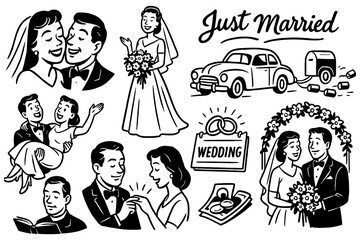 Retro wedding couple scenes with bride, groom, ceremony, and celebration, Transparent Background