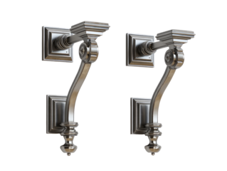 Pair of ornate, wall-mounted sconces.  Metal, possibly brushed nickel, architectural design, with detailed scrollwork and decorative finials.  Square bases