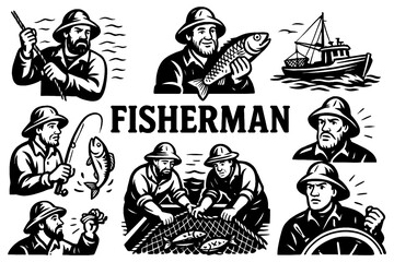 Fisherman characters and fishing boat in retro engraving style, Transparent Background