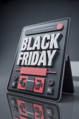 3D Black Friday Sale Digital Banner &ndash; Modern Standing Tablet Abstract Promotion for Business, Retail, Shopping Event, E-commerce Discounts, Marketing Campaigns, and Special Offers