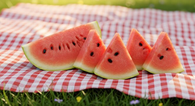 Watermelon slices on gingham picnic blanket