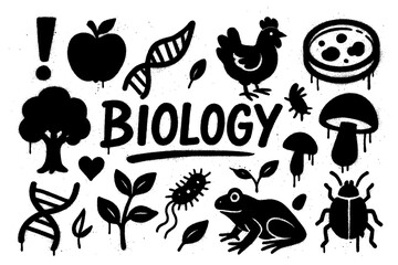 Fototapeta premium Biology icons with DNA, cells, evolution and lab tools in spray paint style, Transparent Background