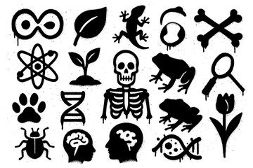 Biology icons with DNA, cells, evolution and lab tools in spray paint style, Transparent Background
