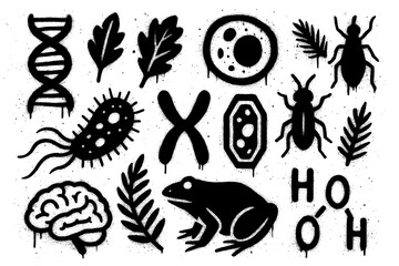 Biology icons with DNA, cells, evolution and lab tools in spray paint style, Transparent Background