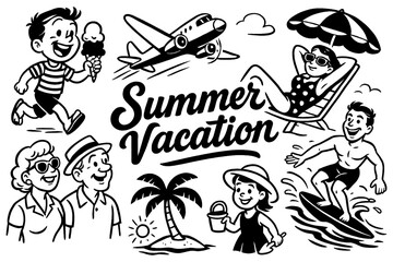 Summer vacation activities with kids playing on beach and swimming in vintage comic style, Transparent Background