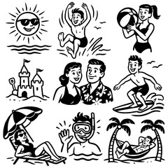 Summer vacation activities with kids playing on beach and swimming in vintage comic style, Transparent Background
