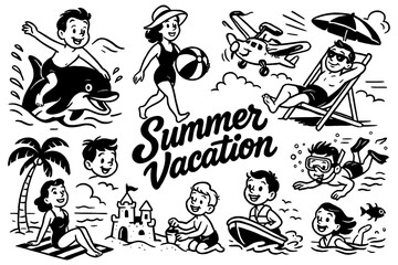 Summer vacation activities with kids playing on beach and swimming in vintage comic style, Transparent Background