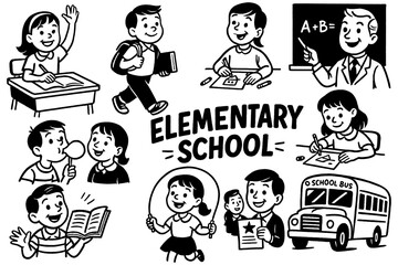 Elementary school children studying and learning with teacher in retro comic style, Transparent Background