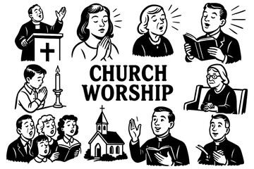 People praying and worshiping in church with Bible and pastor in retro comic style, Transparent Background