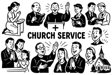 People praying and worshiping in church with Bible and pastor in retro comic style, Transparent Background