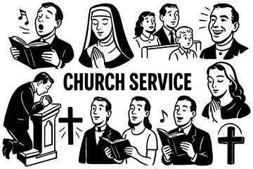 People praying and worshiping in church with Bible and pastor in retro comic style, Transparent Background