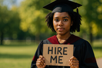 Young african american graduate holding hire me sign in a park, seeking employment with determination after graduation ceremony on sunny day