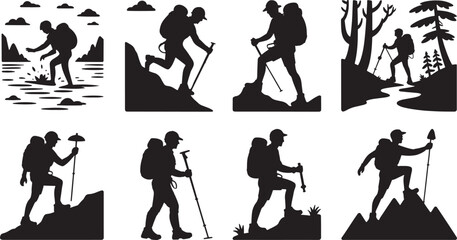 Hiking Silhouettes Vector Set Outdoor Adventure Trekking Isolated on Transparent Background Mountaineering