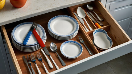 Open kitchen drawer showing neatly arranged dinnerware, plates, and cutlery in a wooden organizer tray.