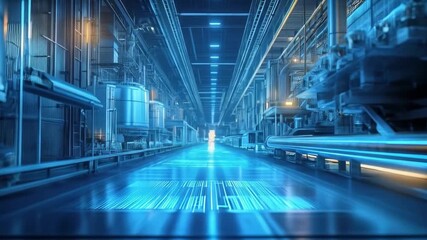 A futuristic industrial corridor with glowing blue - Powered by Adobe
