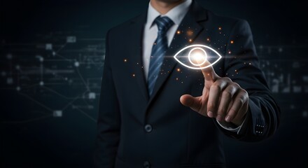 Businessman activating digital eye interface, symbolizing surveillance or insight.