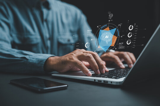 AI helps generate business with intelligent automation and a BPA system while a businessman at his desk uses a laptop to give instructions to the AI, driving process automation efficiently