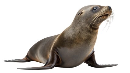 Obraz premium Macro full-body image of a sea lion sitting upright, smooth blubber texture and whiskers in detail, soft studio light, isolated on white — alert, playful, shorebound marine mammal. 