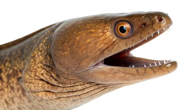  Full-body macro image of a moray eel emerging with head and partial body shown, open mouth and sharp teeth visible, shiny skin texture detailed under studio light, isolated on white — elusive, sharp-