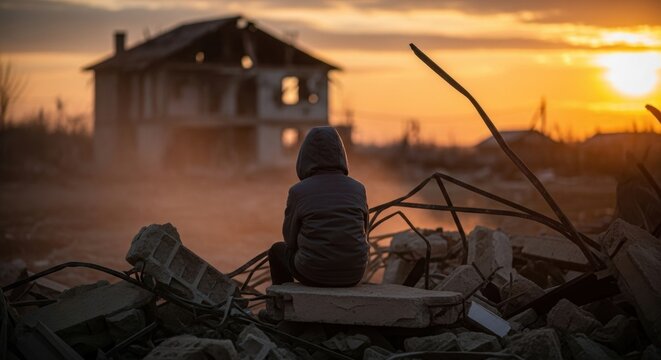 Child sitting on rubble looking at destroyed house at sunset. Post-war landscape illustrating human loss and the need for peace and support.