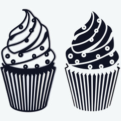 Two stylized black and white cupcakes with frosting and dots on a white background