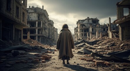 Kid walking through a street of destroyed city during wartime or postwar era. Concept of conflict consequence and human struggle.