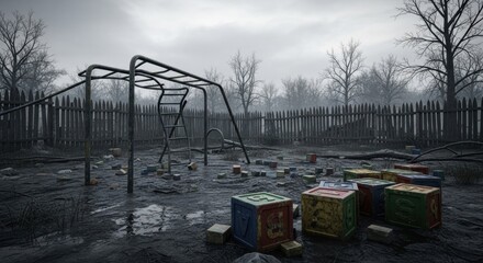 Abandoned playground with monkey bars and scattered colorful weathered blocks, illustrating post-war desolation for concepts of loss and memory.
