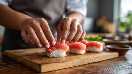 A close-up of a sushi chef hands shaping nigiri sushi