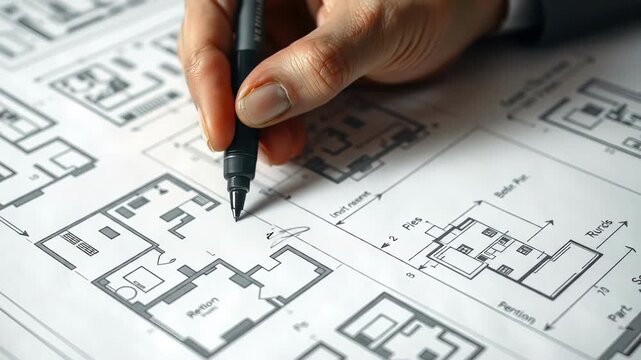 A hand holds a pen marking architectural blueprints Detailed floor plans unfold across crisp white paper showcasing design innovation and future possibilities
