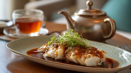 Cod dish with sprouts on plate tea teapot on table
