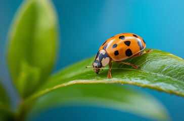 Obraz premium A close-up of a ladybug on a green tree, macro photography, macro lens,