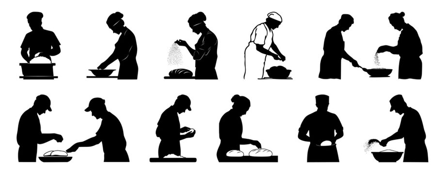 Chef silhouettes collection, kitchen staff preparing meals, culinary professionals, vector illustration