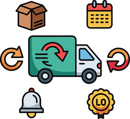 Vibrant Subscription Flat Icon Set – Auto Delivery, Scheduled Box, Recurring Order Arrows, Calendar Reminder, and Loyalty 